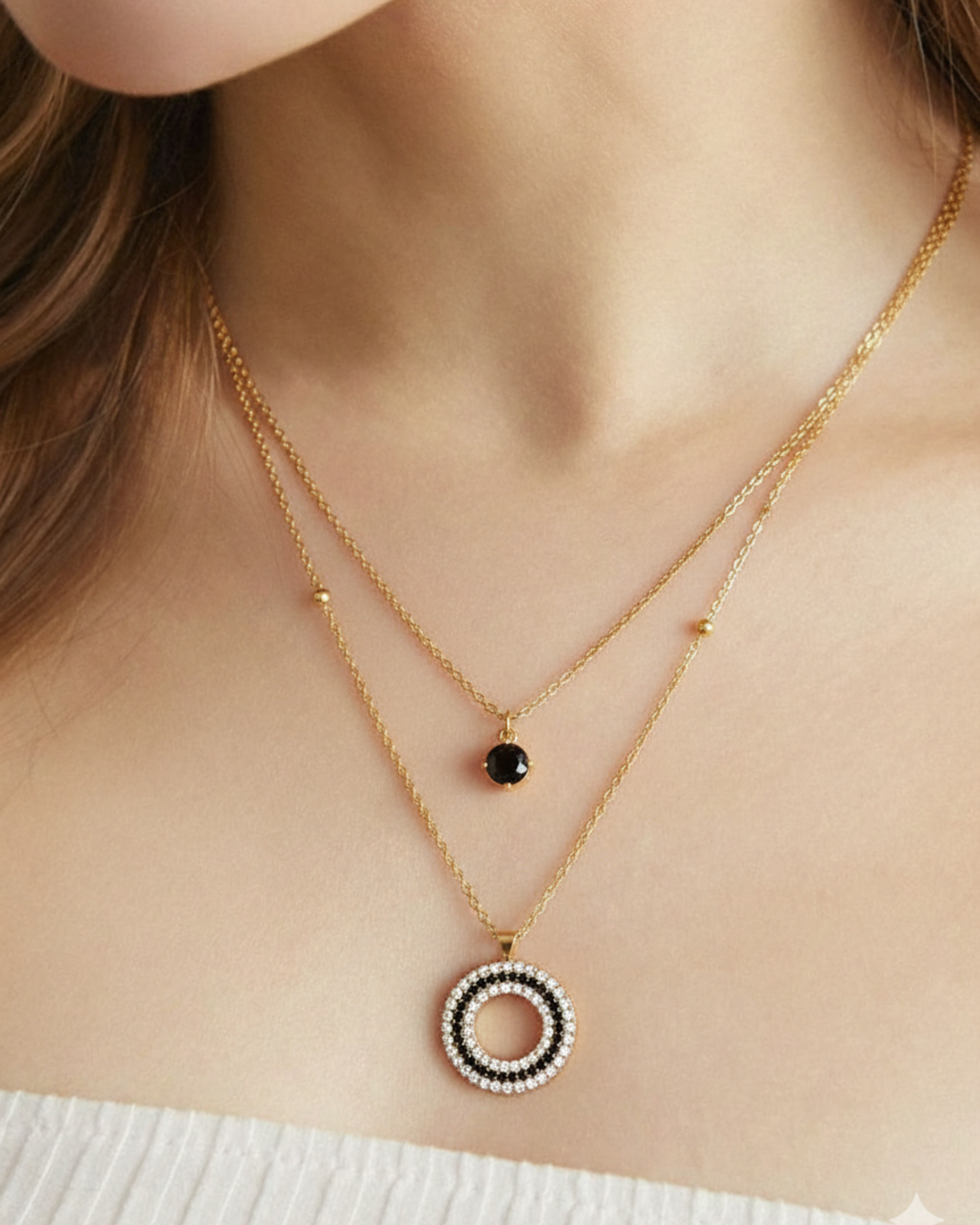 Gold-Plated Double Layered Necklace with Black & White Stone Pendants