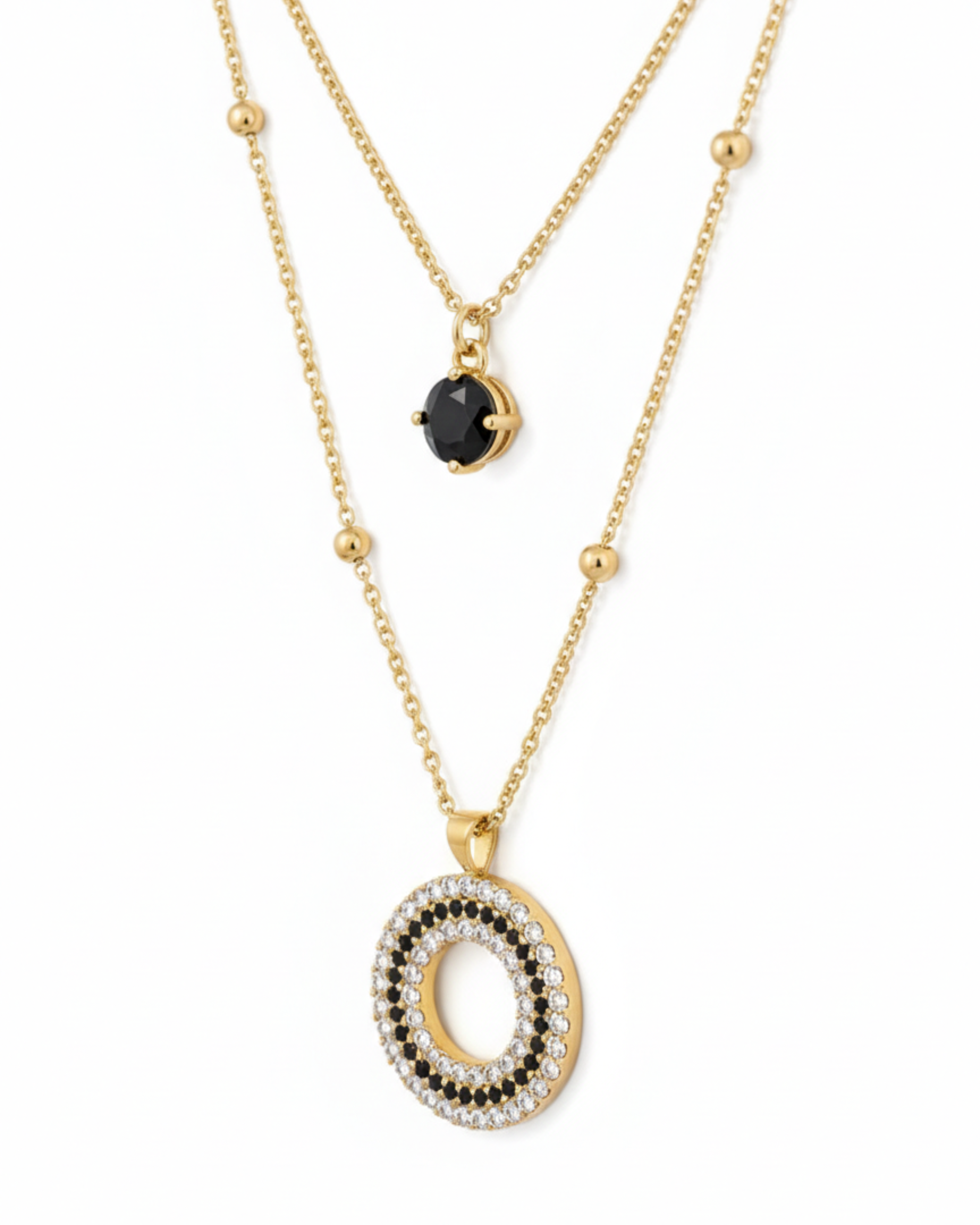 Gold-Plated Double Layered Necklace with Black & White Stone Pendants