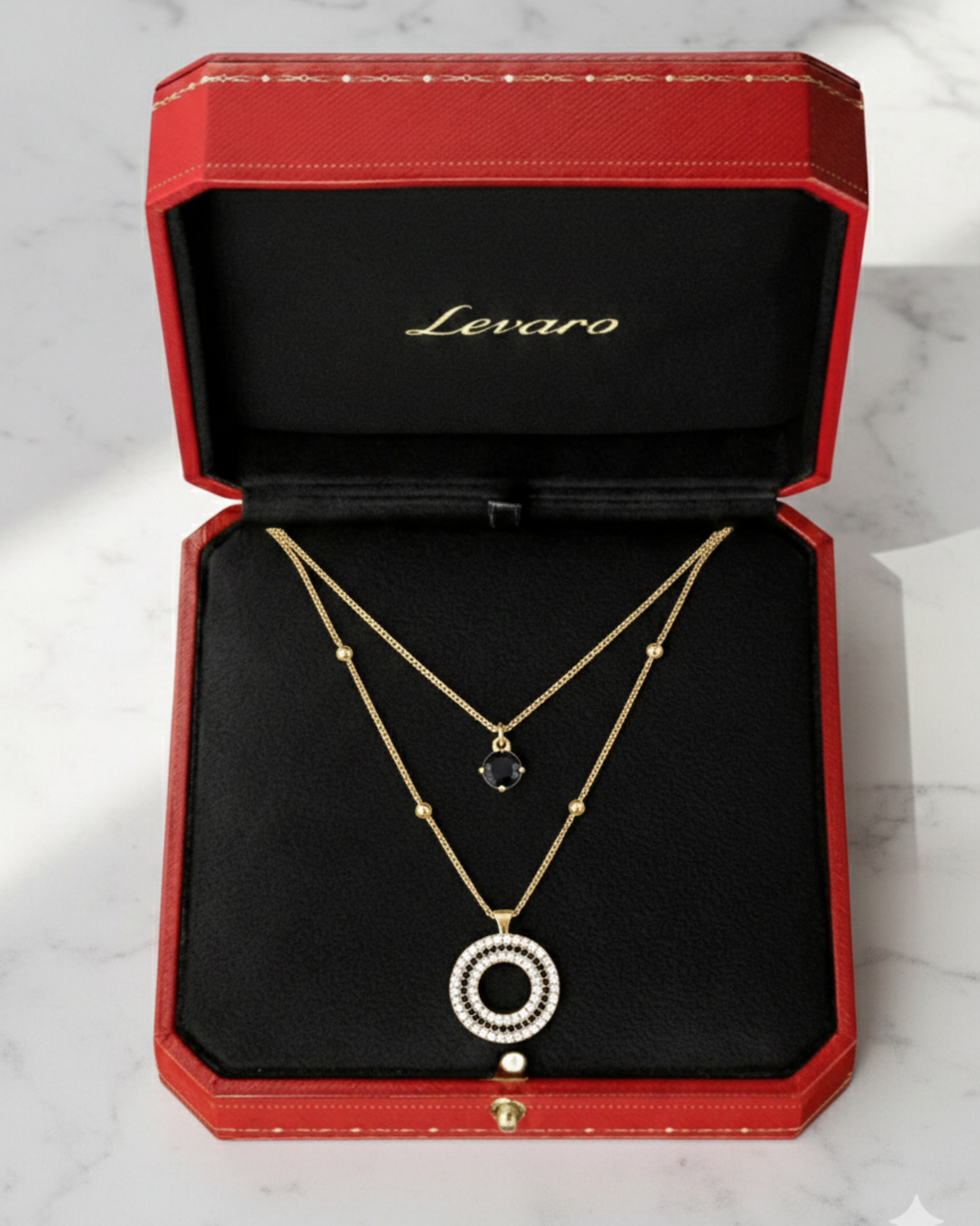 Gold-Plated Double Layered Necklace with Black & White Stone Pendants