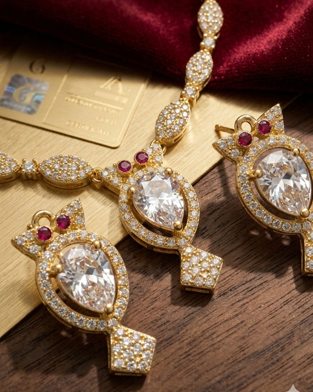 Gold Plated Teardrop & Crimson Stone Necklace Set